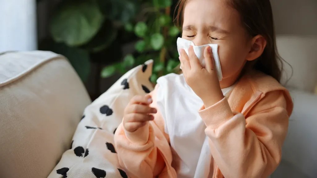 5 Ways To Prevent Your Kids From Getting Sick During Back-To-School Season A small child with long light brown hair, a white tee and a light orange hoodie blowing their nose with a white tissue on a beige couch.