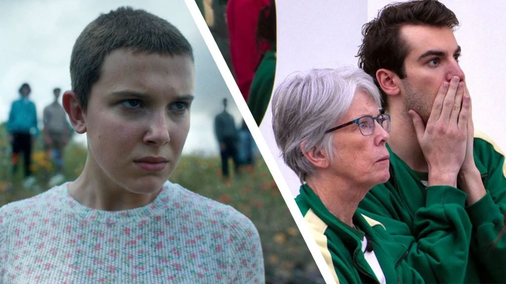 Every new Netflix TV show in November 2025, including Stranger Things and Squid Game: The Challenge Eleven in Stranger Things on the left and two Squid Game: The Challenge contestants on the right