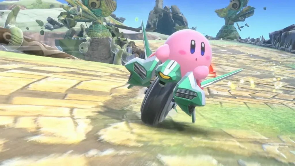 a screenshot of kirby riding a machine in a race