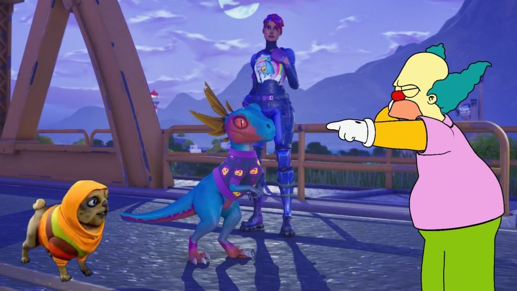 Krusty the Clown points at a pug in a hoodie, and a tiny velociraptor