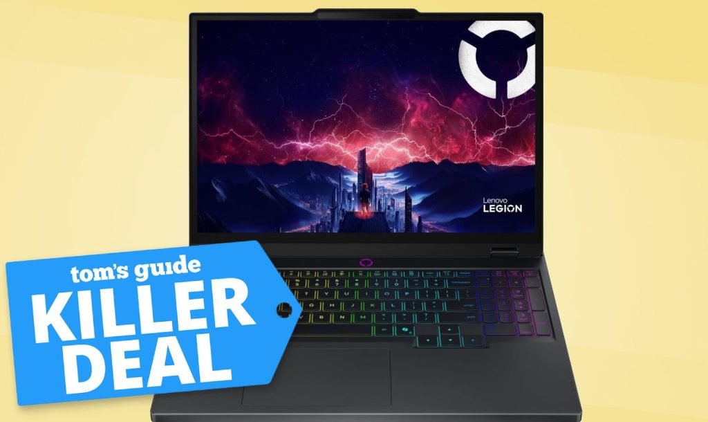 Lenovo Legion 5 laptop with killer deal tag superimposed