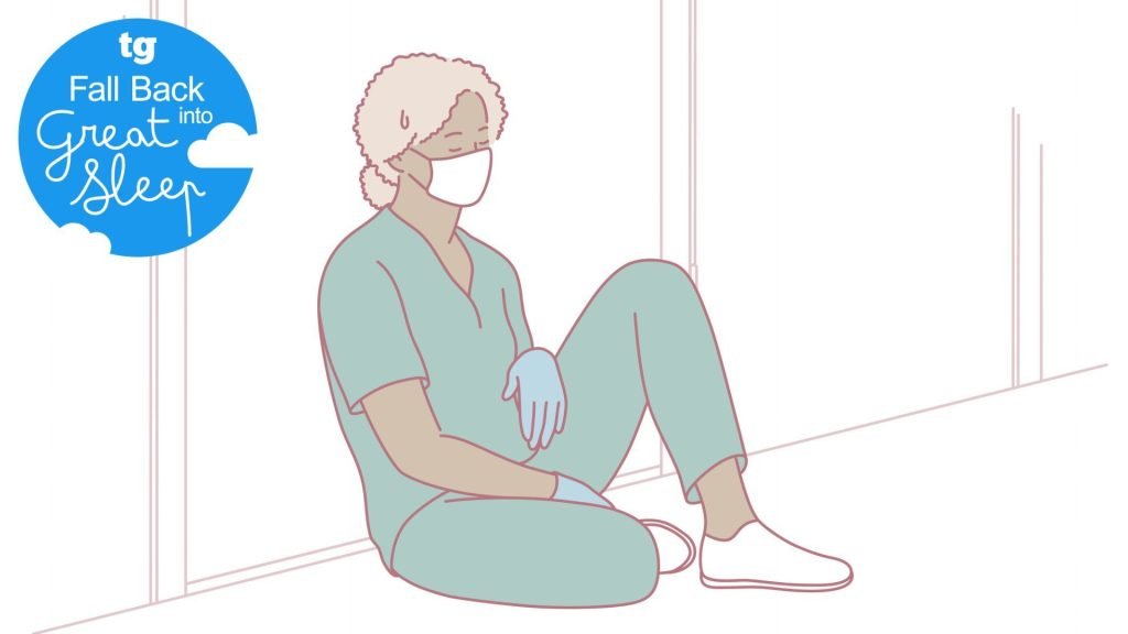 An illustration of a tired nurse wearing green scrubs, leaning back against a wall and closing her eyes