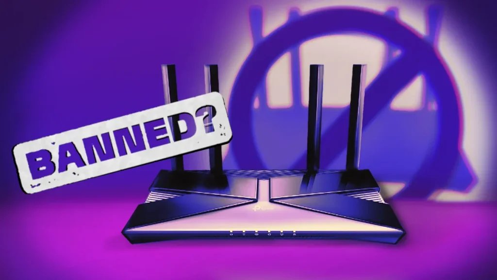 a routerwith four aerials on a purple background with text "BANNED?"
