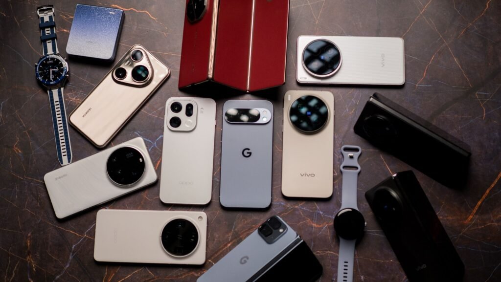 A spread of different phones and smart watches