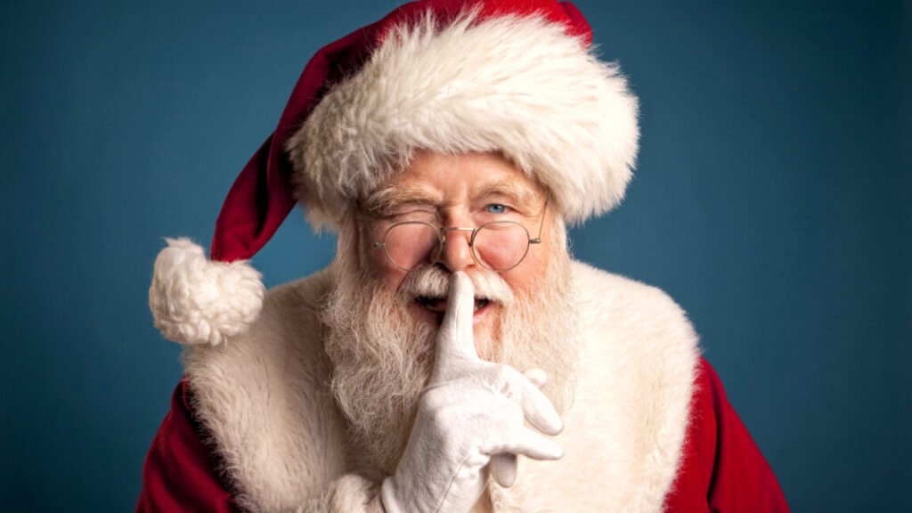 Studio image of Santa Claus Smiling, winking, and placing his finger in front of his lips.