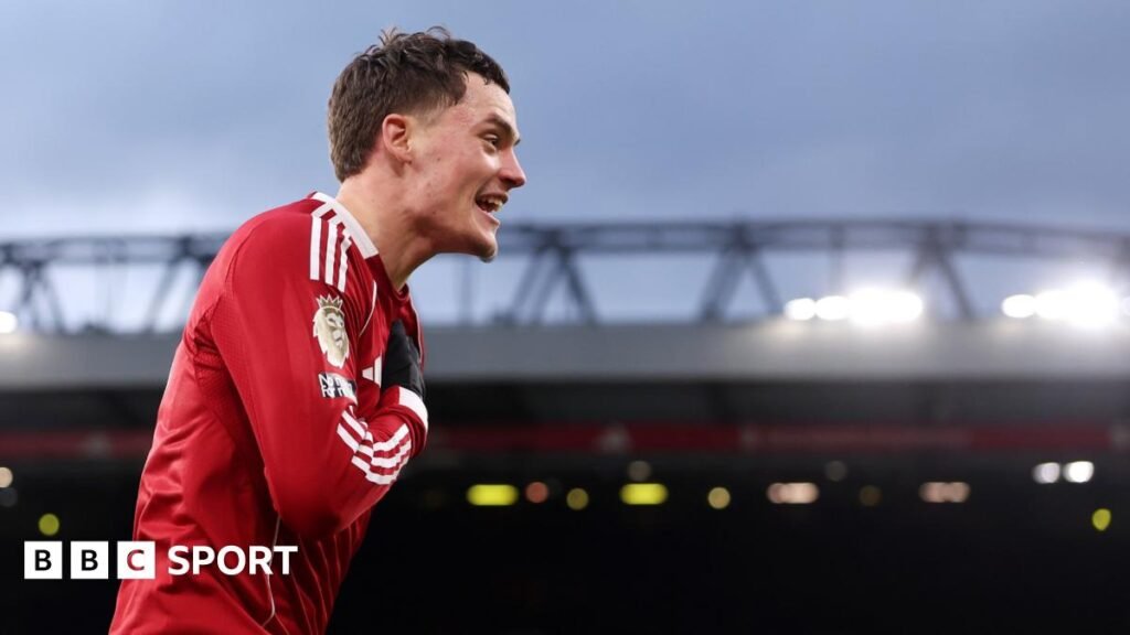 Florian Wirtz celebrates as he puts Liverpool 2-0 up against Wolves