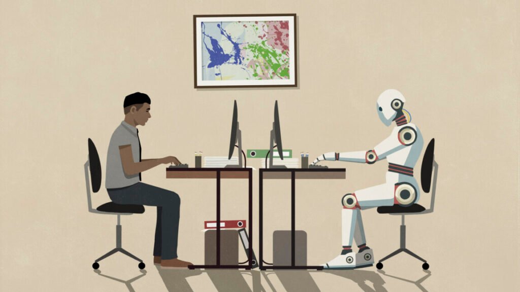 Man and humanoid robot working face to face at computers