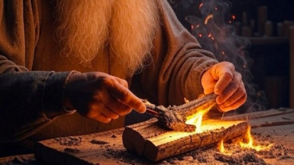 illustration of old man with long white hair and beard conducting a tabletop experiment with wood and fire