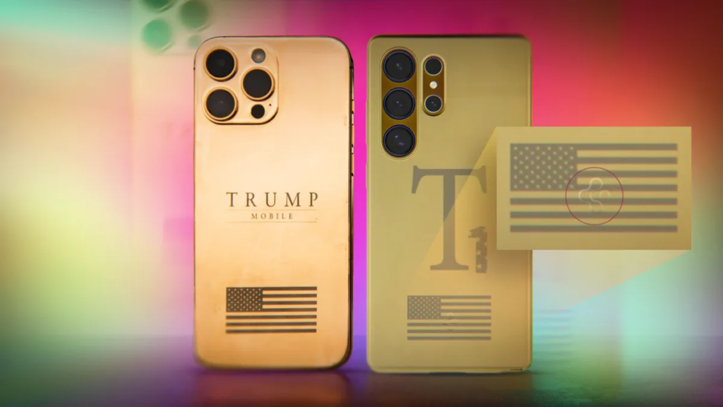 Trump Fails to Deliver on Promise of $500 Gold Phone in 2025. Could We See It Next Year? Two versions of the Trump Mobile T1 phone and a closeup of the Spigen logo on one of them.