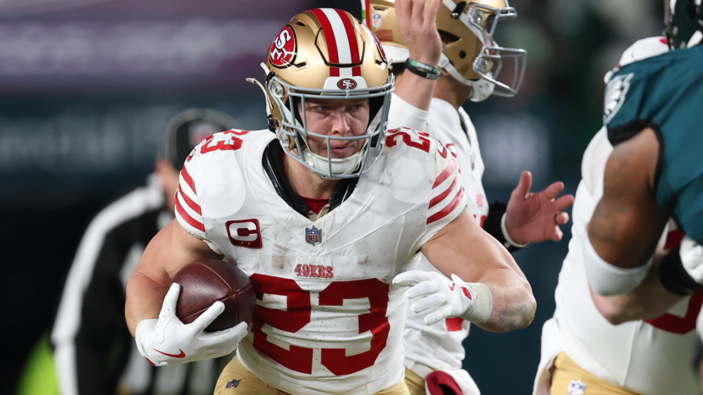 Christian McCaffrey #23 of the San Francisco 49ers runs the ball against the Philadelphia Eagles during the first quarter in the NFC Wild Card Playoff game at Lincoln Financial Field on January 11, 2026 in Philadelphia, Pennsylvania.