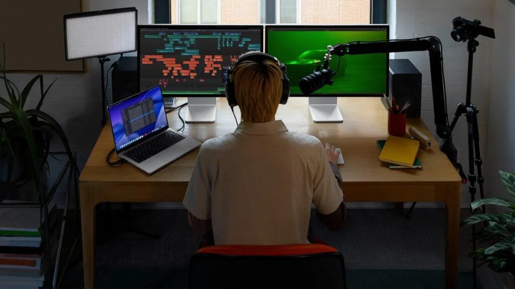 A person who is a creator wears headphones and sits at a desk with a laptop, 2 external monitors and other filming gear.