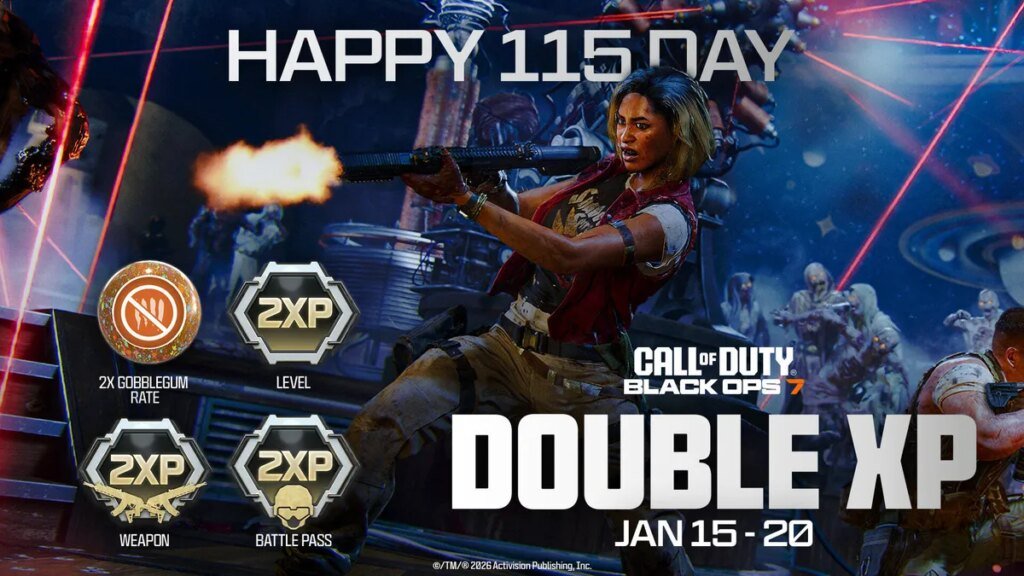 Happy 115 Day splash art featuring Zombies character Maya and listed double XP bonuses.