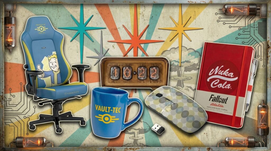 A Fallout-themed office chair, mug, notebook, retro nixie clock, and computer mouse against a starburst atomic-age style background