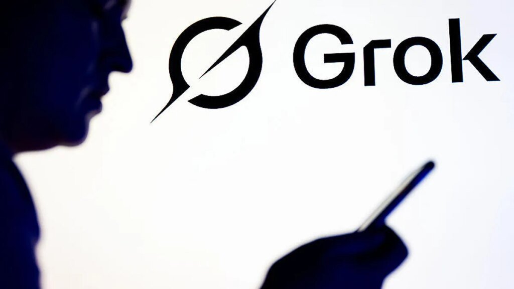 black and white shadow of man holding a phone with Grok logo above it