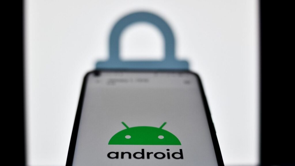 Android logo on a phone with a padlock in the background