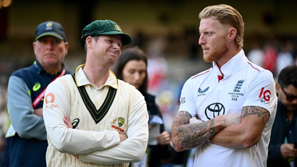 England captain Ben Stokes speaking to Australia captain Steve Smith during the 2025/26 Ashes series
