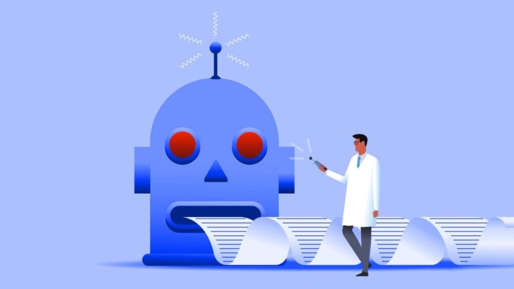 New OpenAI tool renews fears that “AI slop” will overwhelm scientific research Illustration of a robot generating endless text, controlled by a scientist.