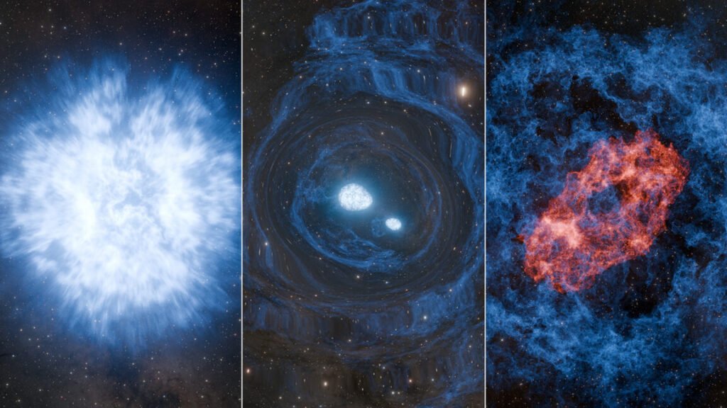 Three stages of a superkilonova: a supernova blast, neutron star merger, and finally kilonova that spews heavy metals.