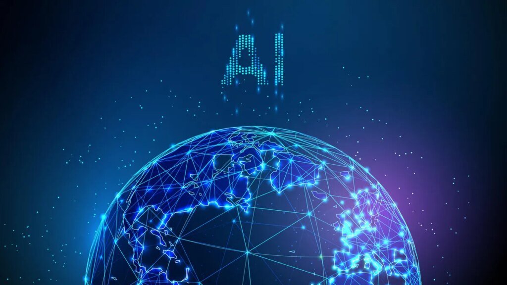 Decorative graphic. The word "AI" floats above a neon Earth