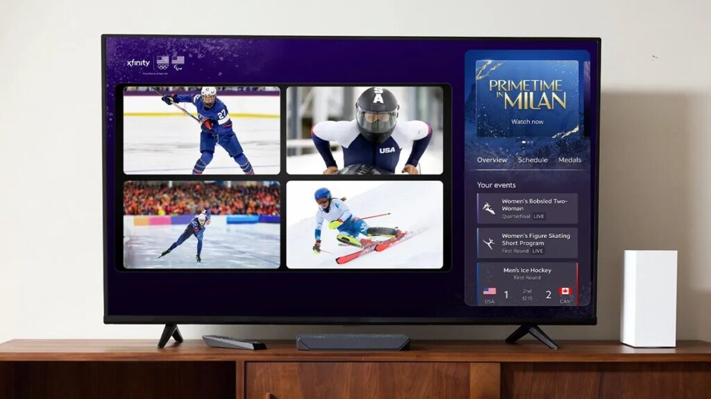 Xfinity Adds Fan-First Upgrades for Your 2026 Winter Olympics Viewing tv set sitting on top of TV stand with olympics on screen