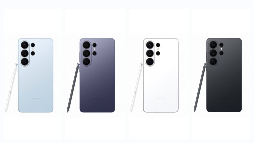 Samsung Galaxy S26 Ultra in blue, violet, white, and black showing the back alongside the S Pen