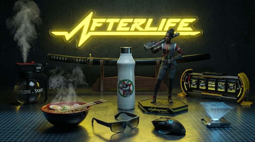 A selection of Cyber themed home office gear on a desk