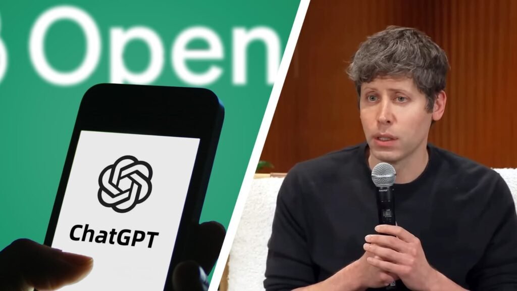 OpenAI’s first ChatGPT gadget could turn out to be a smart speaker with a camera attached Sam Altman next to an image of someone using ChatGPT on a phone.