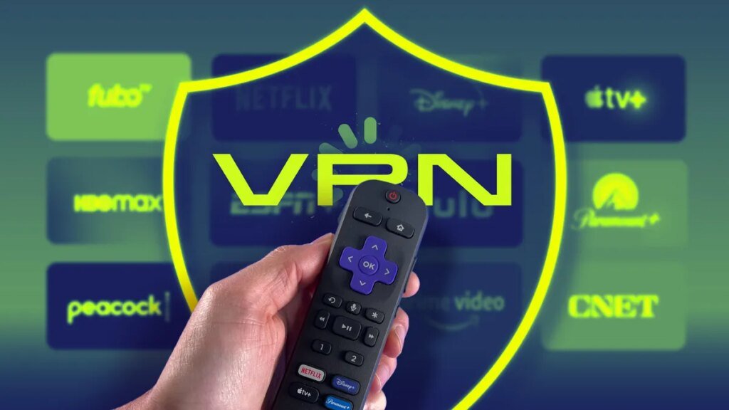 Hand holding a remote pointing to a tv screen with tiled streaming service icons overlaid with a VPN shield graphic.