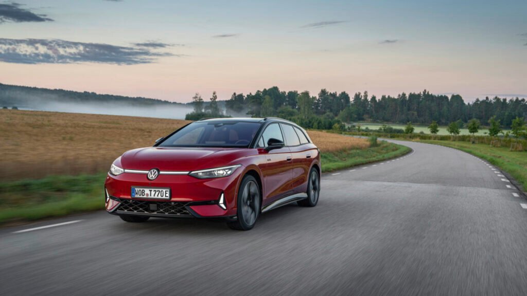 Tesla slipped behind VW in European EV sales last year A red VW ID.7 drives towards the camera