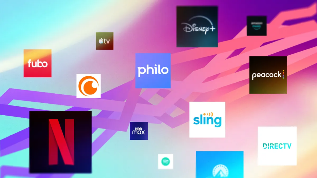 An assortment of streamers' logos on a multicolored background