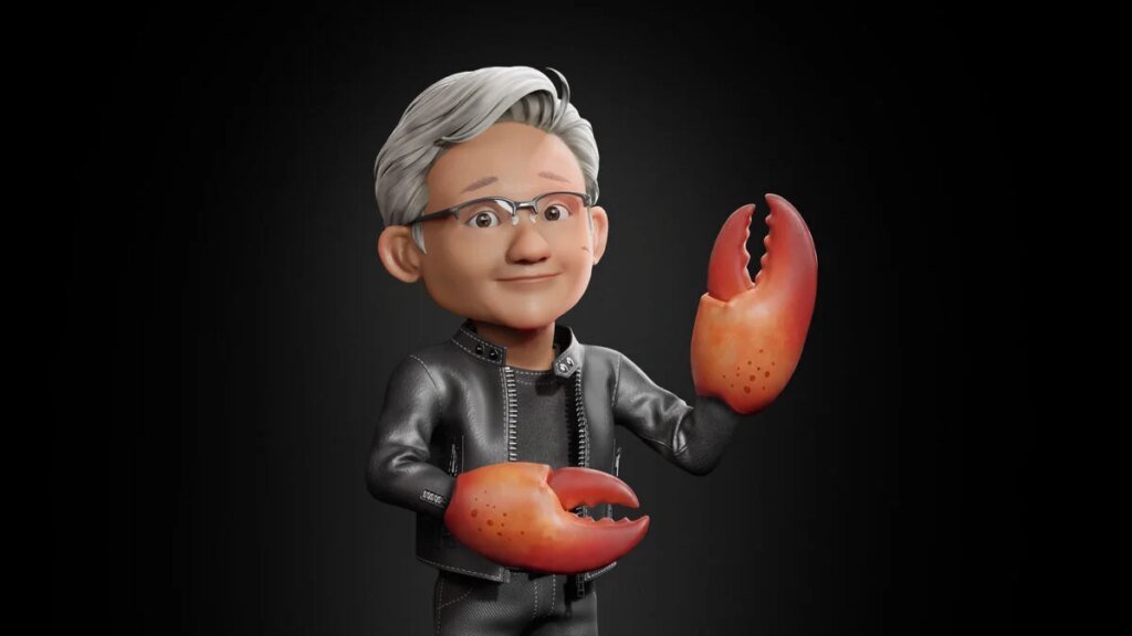 A cartoony CG rendering of Nvidia CEO Jensen Huang with lobster claws