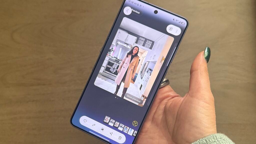 Samsung Galaxy S26 Ultra with an image of a woman on screen