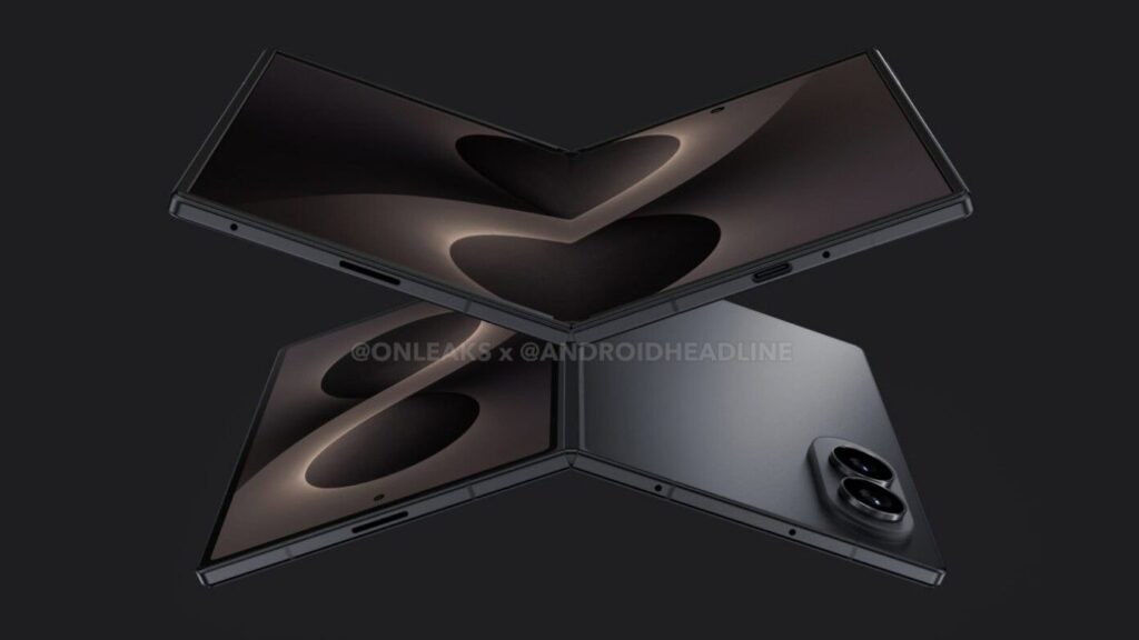A leaked render of the supposed Samsung Galaxy Z Fold 8 Wide in a black colorway, showing its wider cover and inner displays and a dual camera array.